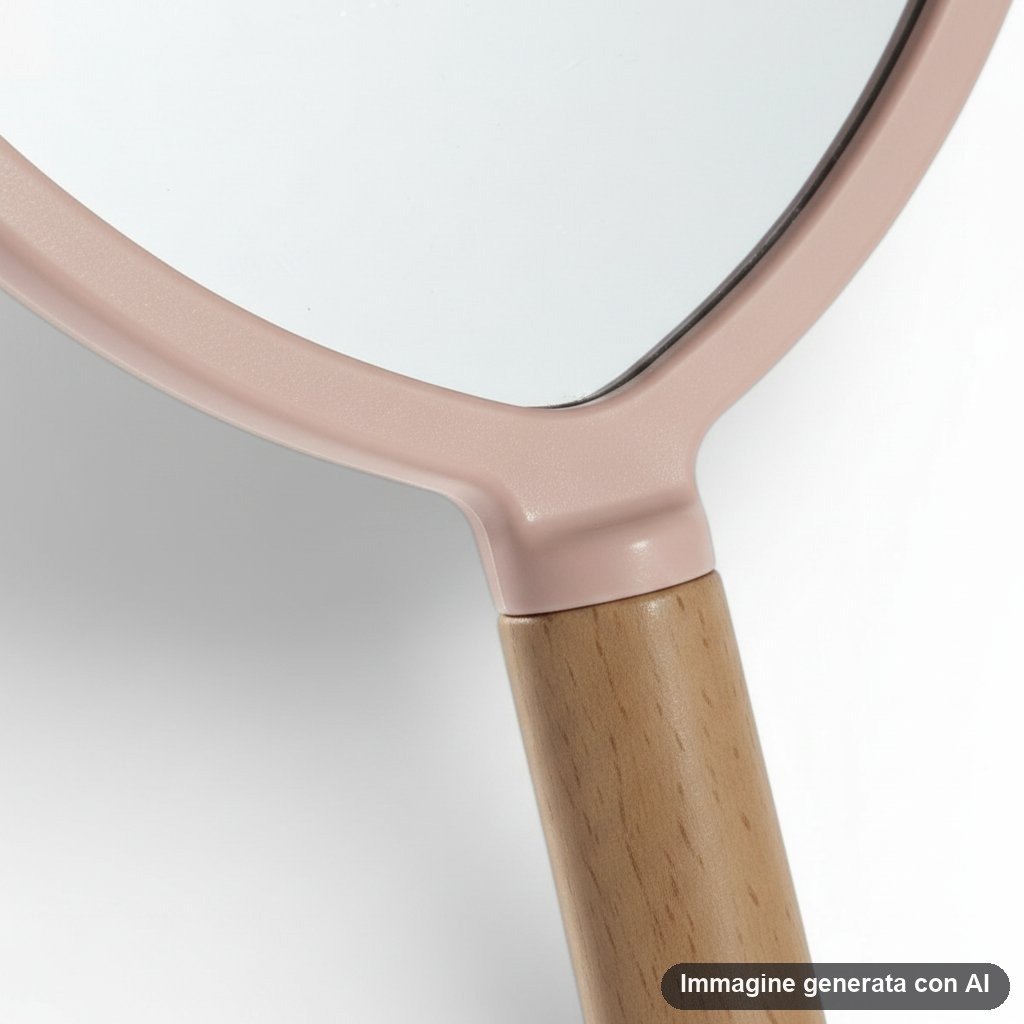 Specchio a forma di cuore con cornice rosa pastello e manico in legno naturale, su sfondo viola