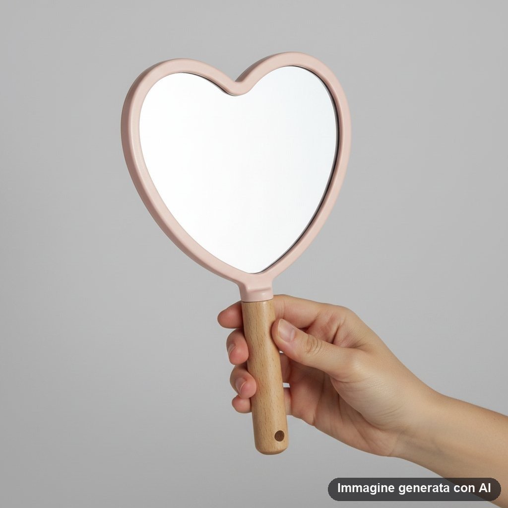 Specchio a forma di cuore con cornice rosa pastello e manico in legno naturale, su sfondo viola