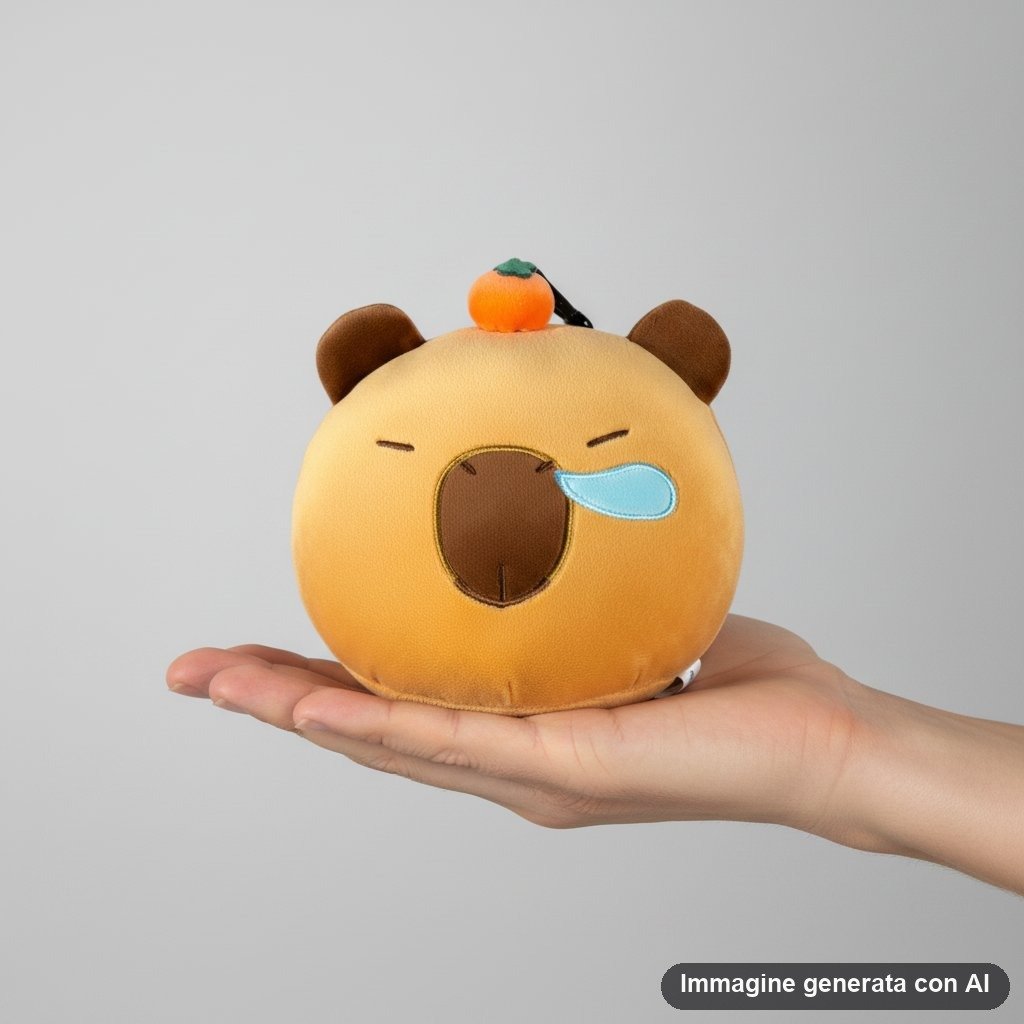 Cuscino da viaggio morbido a forma di capibara giallo con orecchie marroni, lacrime azzurre e piccola arancia sulla testa, co