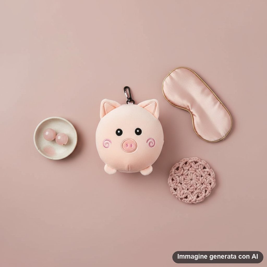 Cuscino da viaggio con maschera per dormire a forma di maiale bianco con orecchie rosa, occhi neri e nasino rosa, dotato di g