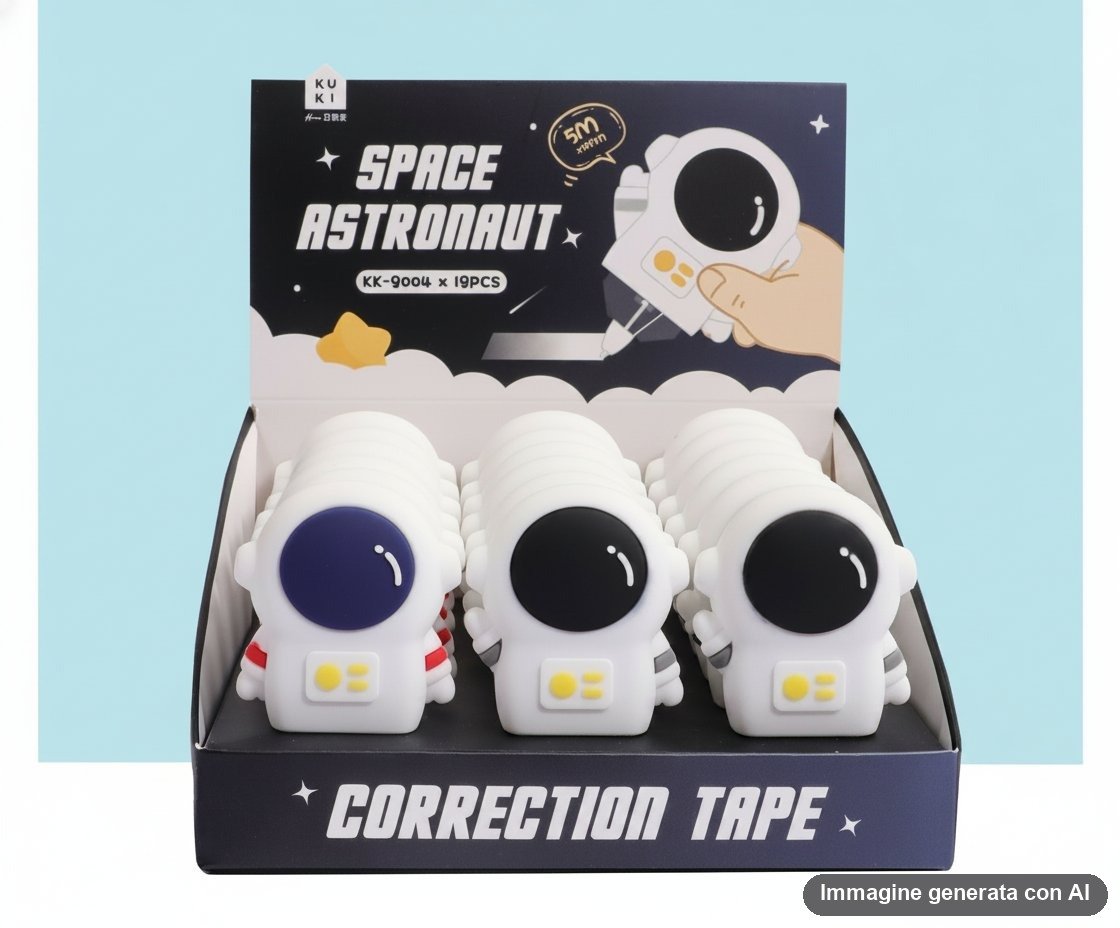 Tre correttori a nastro a forma di astronauta bianco con elmetto trasparente blu e nero, con dettagli gialli, in confezione s