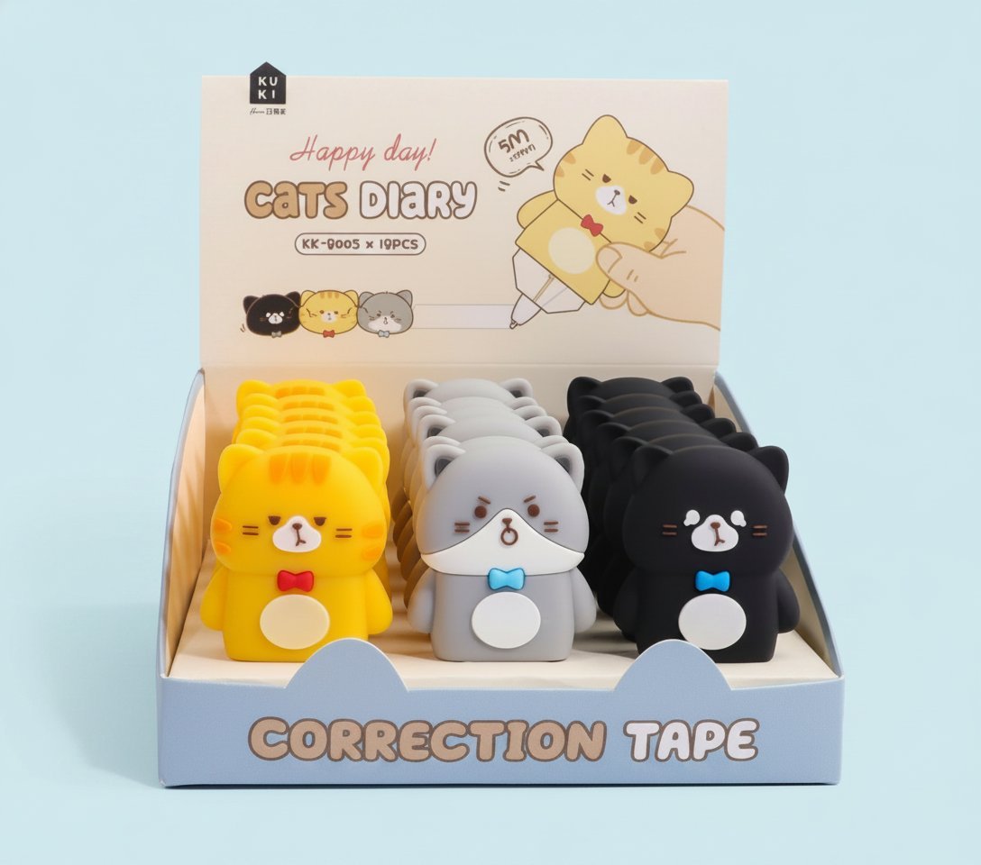 Confezione di correttori a nastro con tre gattini kawaii in giallo, grigio e nero con fiocchetti, esposti in scatola blu