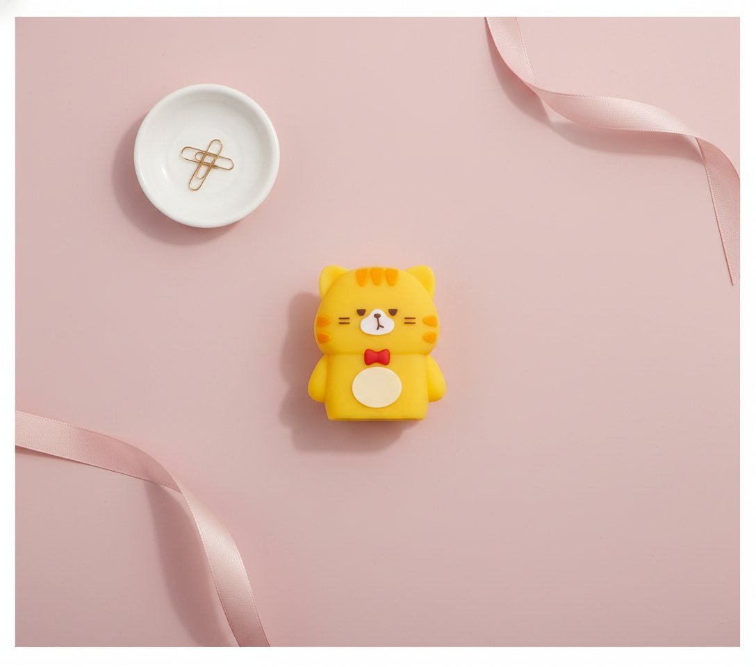 Confezione di correttori a nastro con tre gattini kawaii in giallo, grigio e nero con fiocchetti, esposti in scatola blu