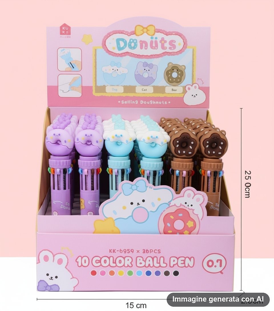 Set di penne multicolor a forma di donuts con animali teneri, design kawaii in colori pastello rosa blu e marrone