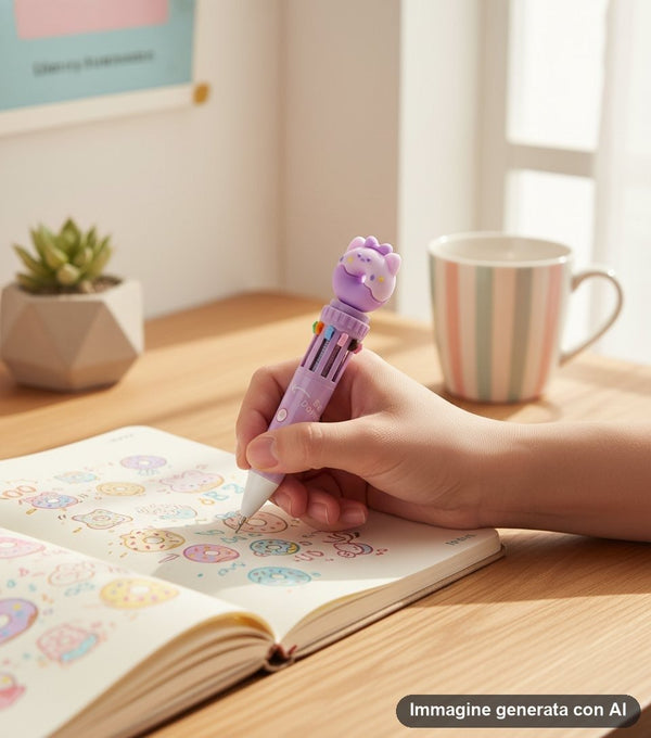 Set di penne multicolor a forma di donuts con animali teneri, design kawaii in colori pastello rosa blu e marrone