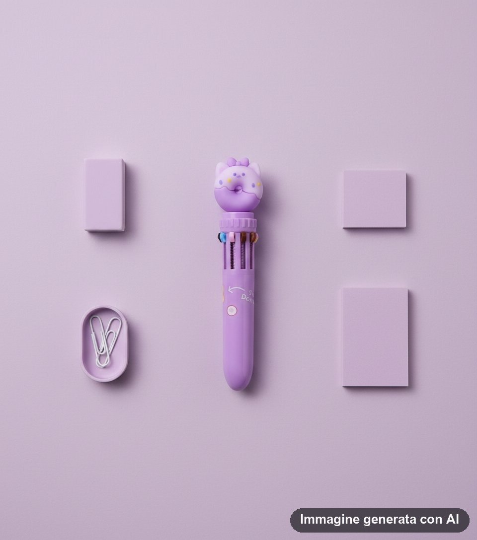 Set di penne multicolor a forma di donuts con animali teneri, design kawaii in colori pastello rosa blu e marrone