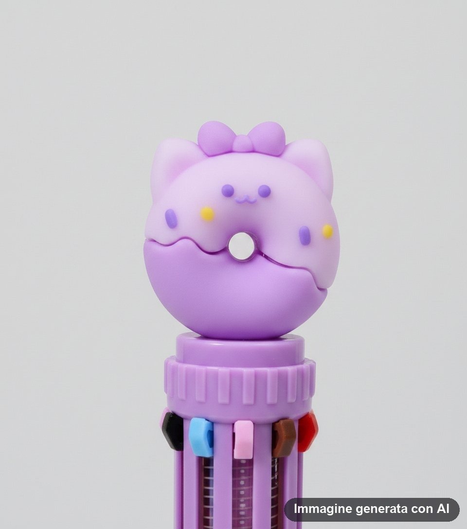 Set di penne multicolor a forma di donuts con animali teneri, design kawaii in colori pastello rosa blu e marrone