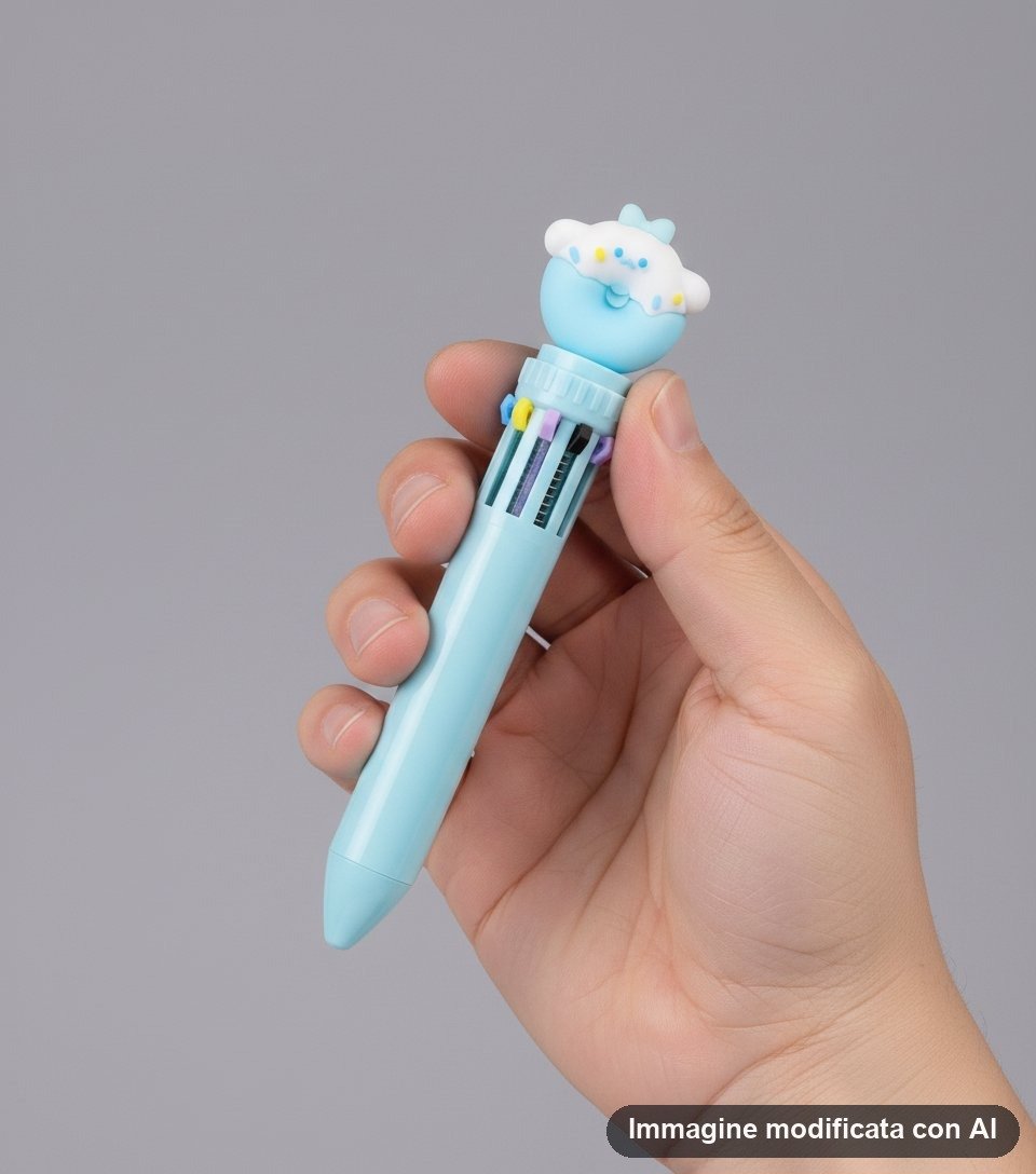 Set di penne multicolor a forma di donuts con animali teneri, design kawaii in colori pastello rosa blu e marrone