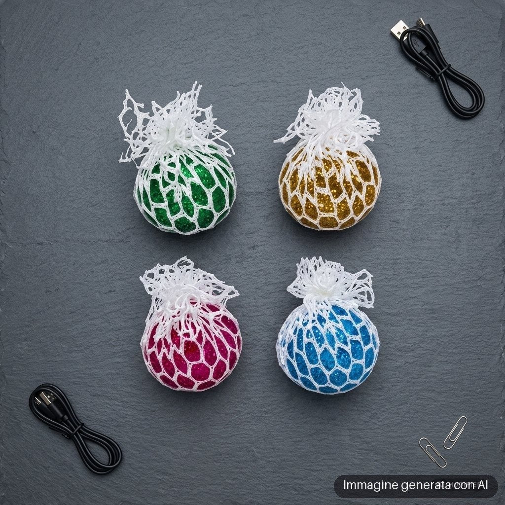 Palline antistress glitterate dentro una retina, nei colori verde, giallo, rosso e blu