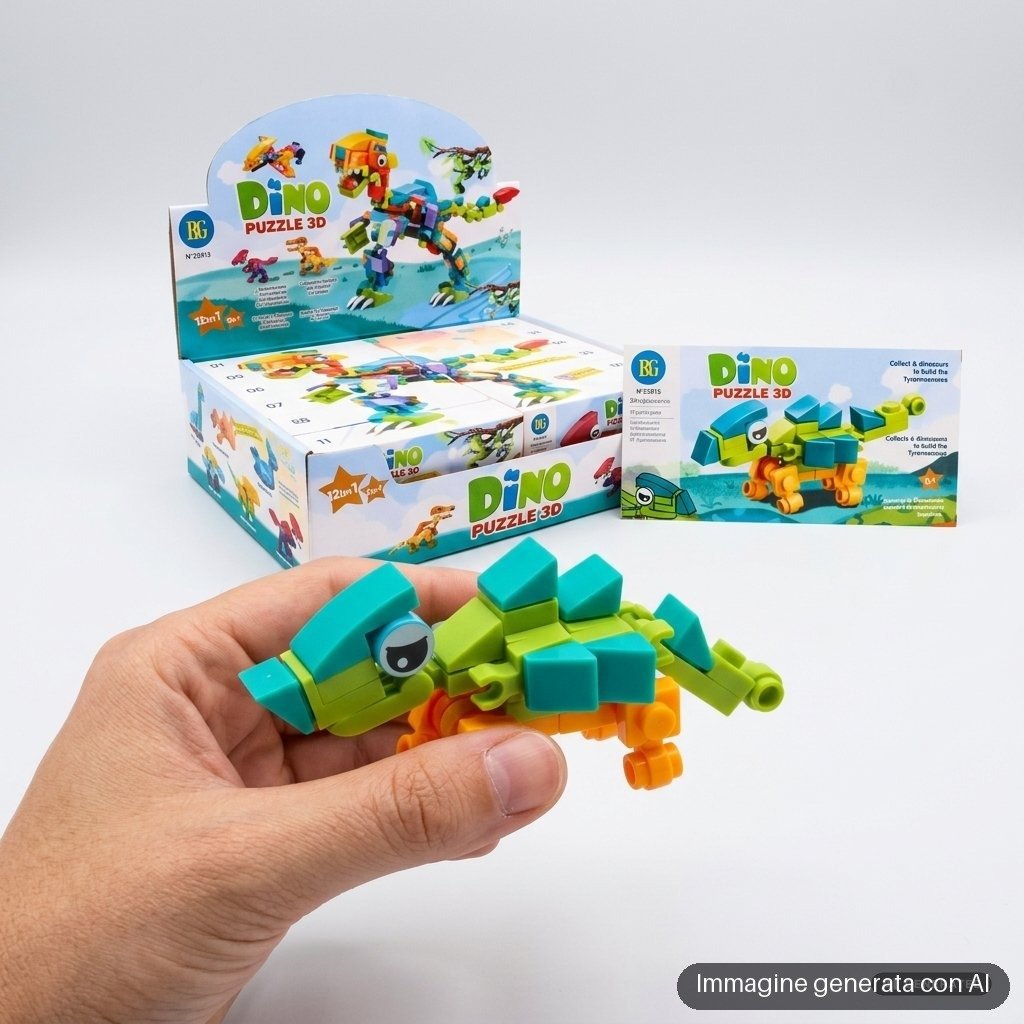 Puzzle a mattoncini che compone un dinosauro verde, azzurro e arancione