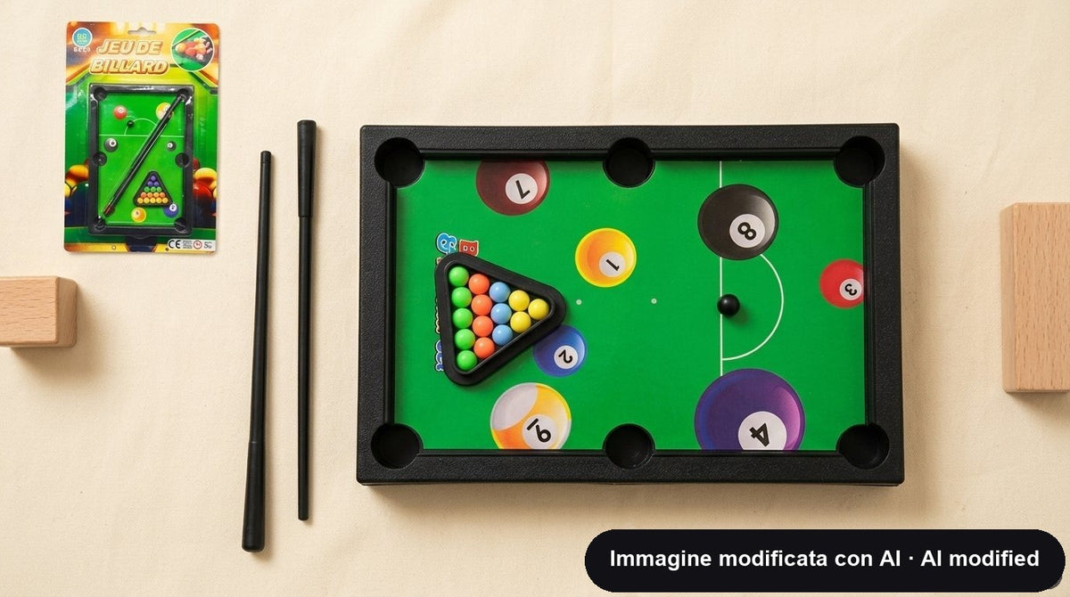 Mini tavolo da biliardo verde con stecche, triangolo e palline numerate