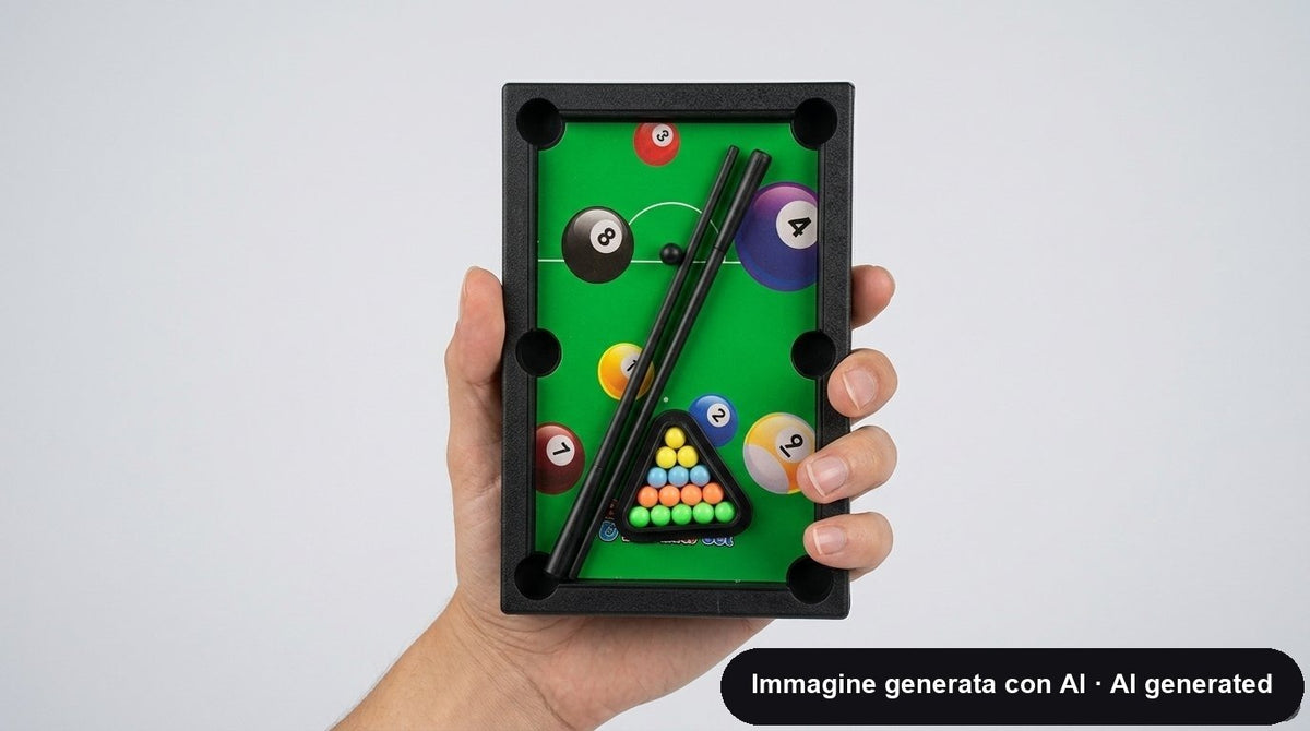 Mini tavolo da biliardo verde con stecche, triangolo e palline numerate