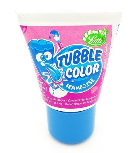 Tubetto di gomma da masticare liquida rosa e blu con un personaggio disegnato sull'etichetta