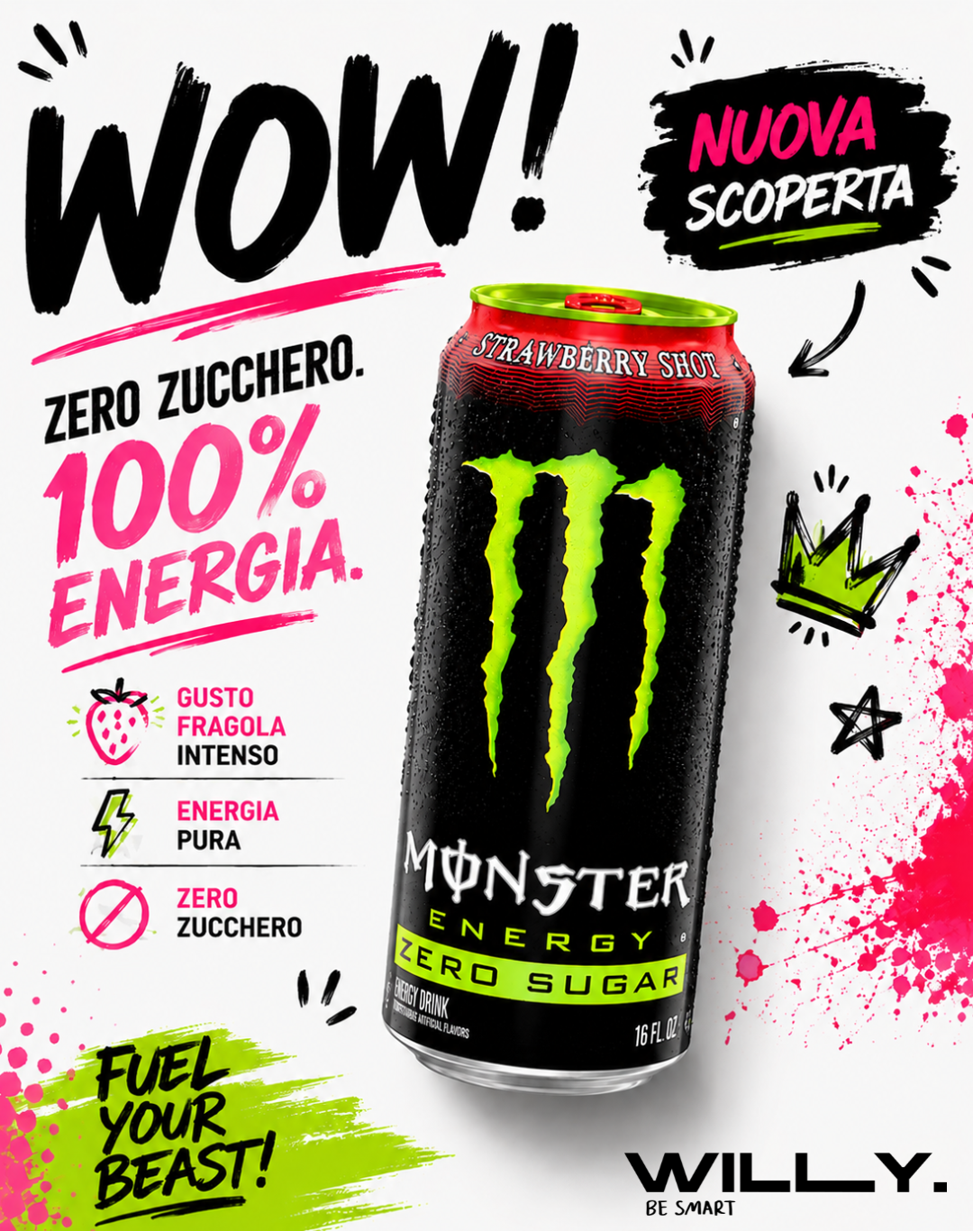 Lattina nera di bevanda energetica Monster con artigli verdi fluo e scritta Strawberry Shot Zero Sugar