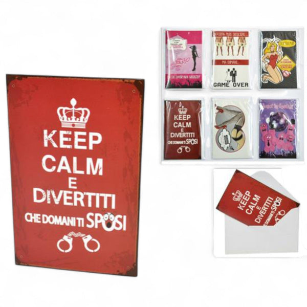 Biglietto addio celibato nubilato rosso con corona e manette, set completo con 6 cartoline tematiche giochi sposi