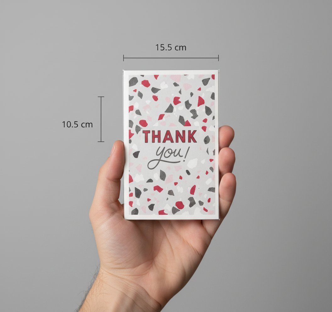 Biglietto auguri THANK YOU con confetti rossi e grigi, 15,5x10,5 cm, tenuto in mano su sfondo grigio