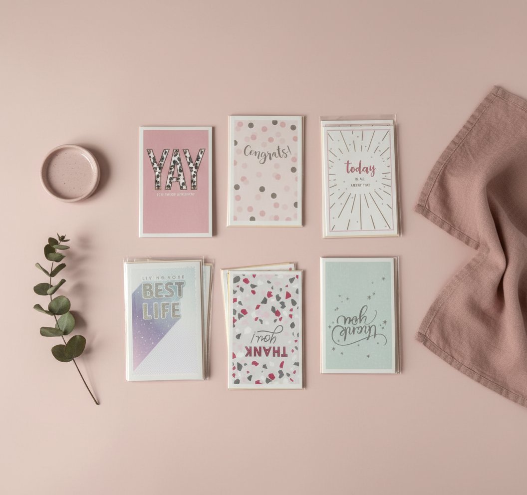 Collezione biglietti auguri con frasi motivazionali su sfondo rosa, decorati con motivi geometrici e floreali in stile minim