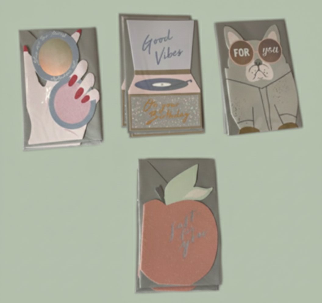 Collezione 4 biglietti auguri con illustrazioni: mani con specchio, giradischi Good Vibes, gatto con occhiali For You, mela 