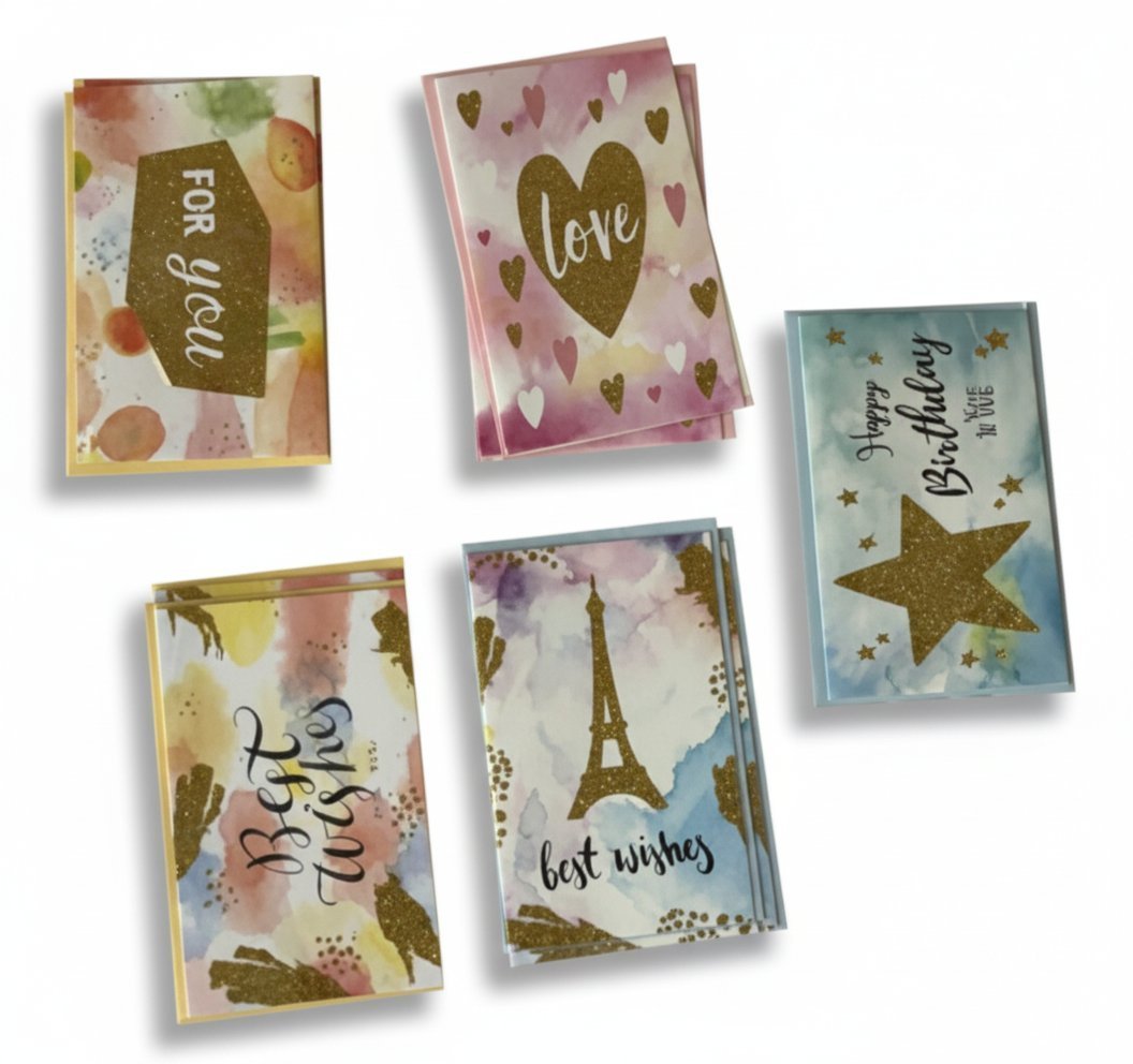 Collezione di 5 biglietti auguri con decorazioni glitter oro: "for you", "love", "happy birthday", "best wishes", acquerelli
