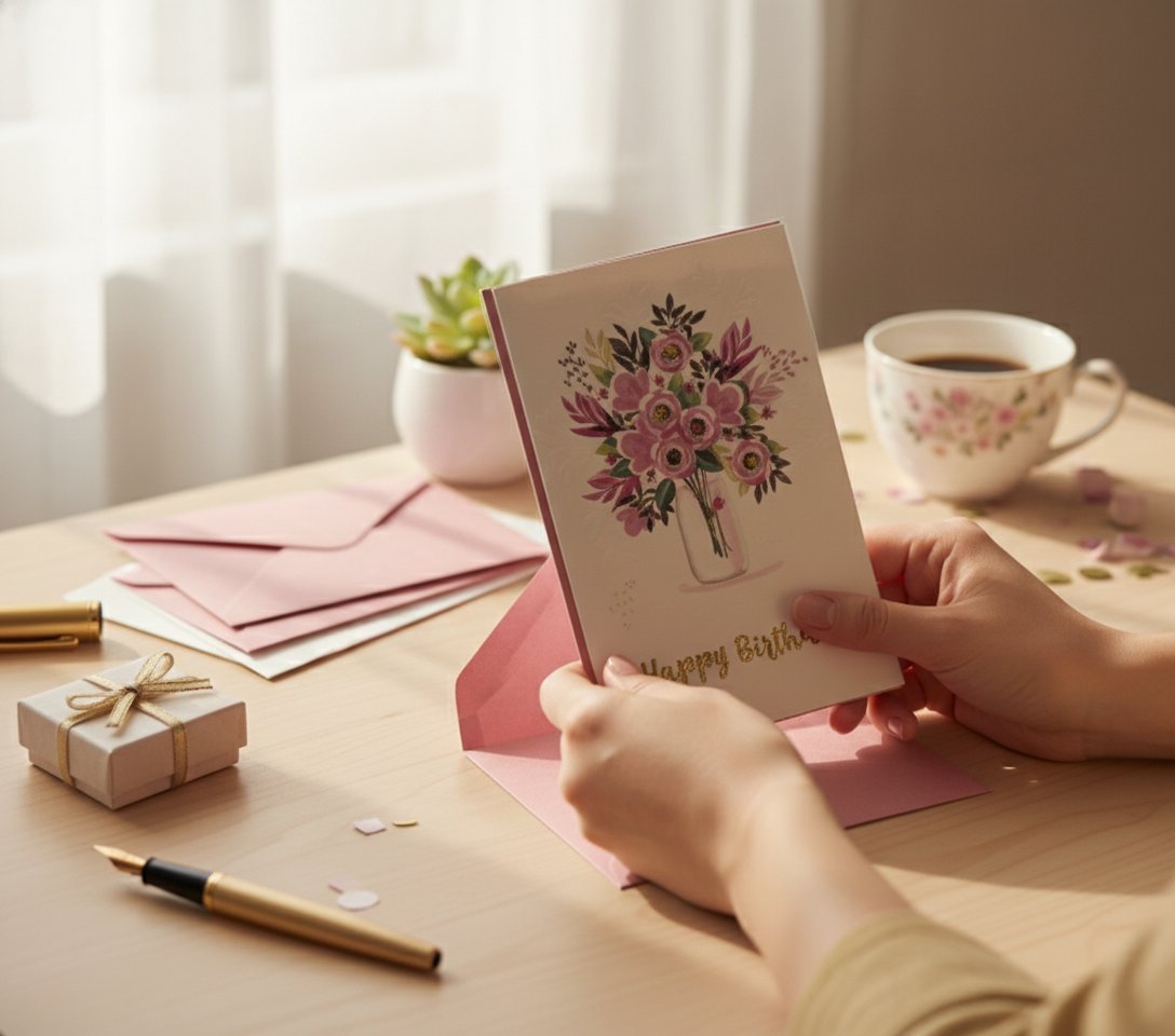 Mano che tiene biglietto auguri floreale rosa con fiori in vaso, tazza caffè e buste su scrivania luminosa