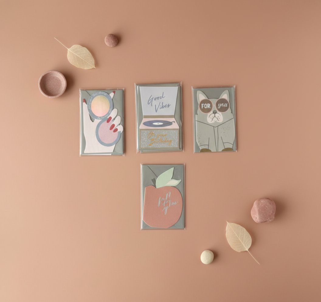 Biglietti auguri colorati con illustrazioni: mani con sfere rosa, giradischi Good Vibes, gatto con occhiali For You, mela ro