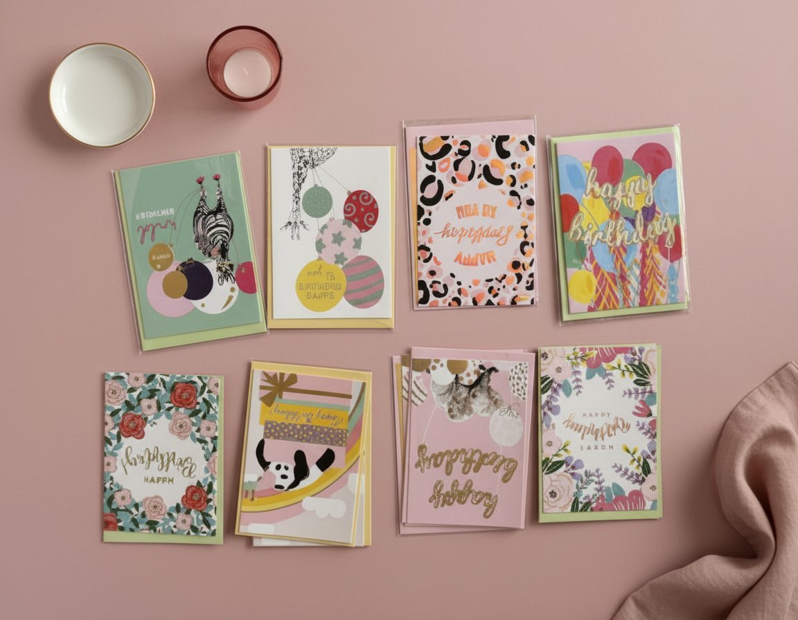 Collezione biglietti auguri colorati con decorazioni floreali, animali e scritte Happy Birthday su sfondo rosa pastello
