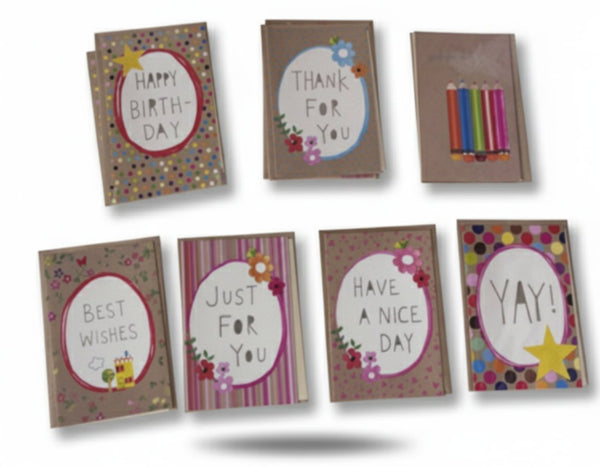 Collezione 7 biglietti auguri colorati su cartone: compleanno, ringraziamenti, auguri, congratulazioni con fiori e decorazio