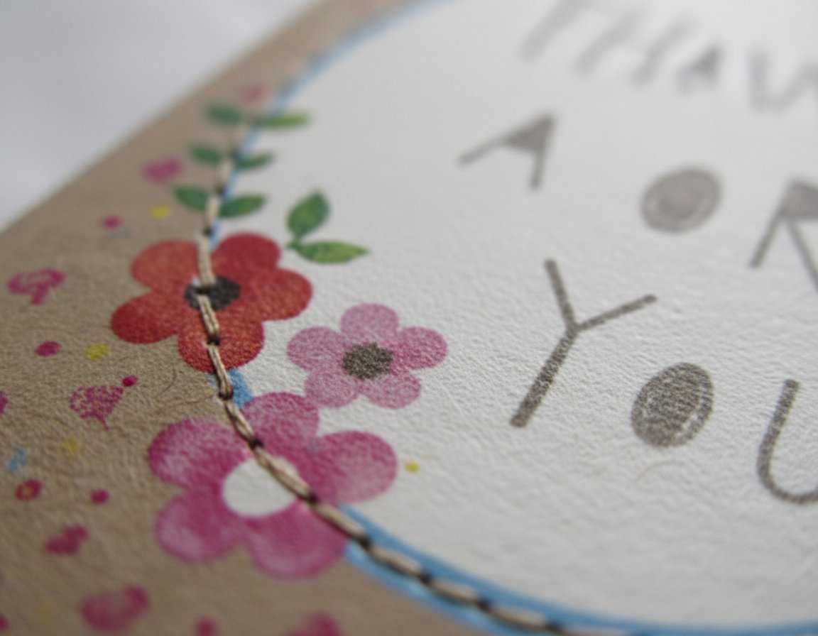 Biglietto auguri con fiori rossi e rosa, rami verdi, dettagli in blu, stitching decorativo e testo grigio su sfondo bianco.