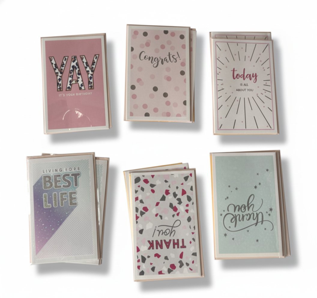 Collezione di sei biglietti auguri con messaggi positivi: Yay compleanno, Congrats, Today is all about you, Living hope best