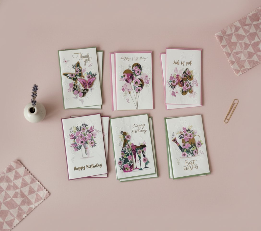 Collezione biglietti auguri floreali con fiori rosa e viola su sfondo bianco, bordi colorati, testo auguri vari, su sfondo r