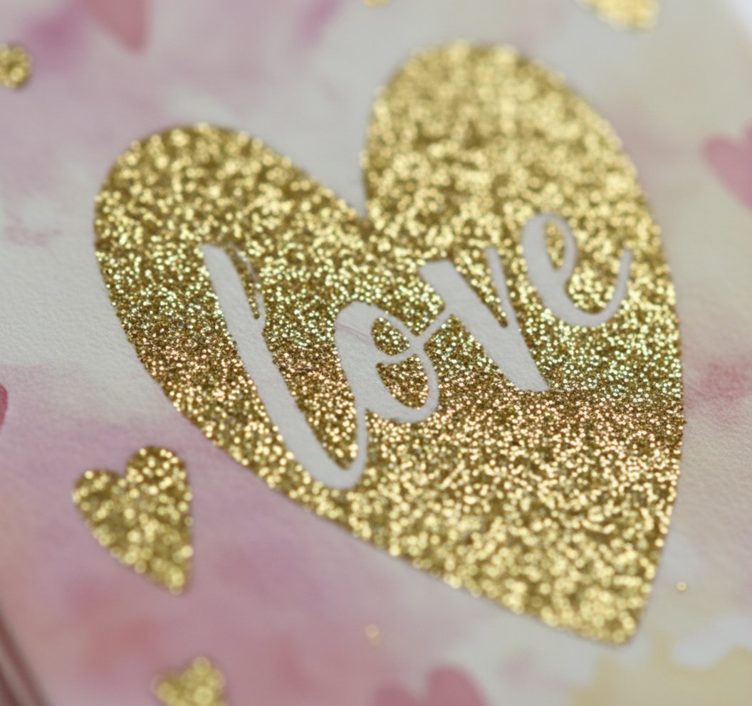 Biglietto auguri con cuore glitterato oro su sfondo rosa e bianco con decorazioni scintillanti