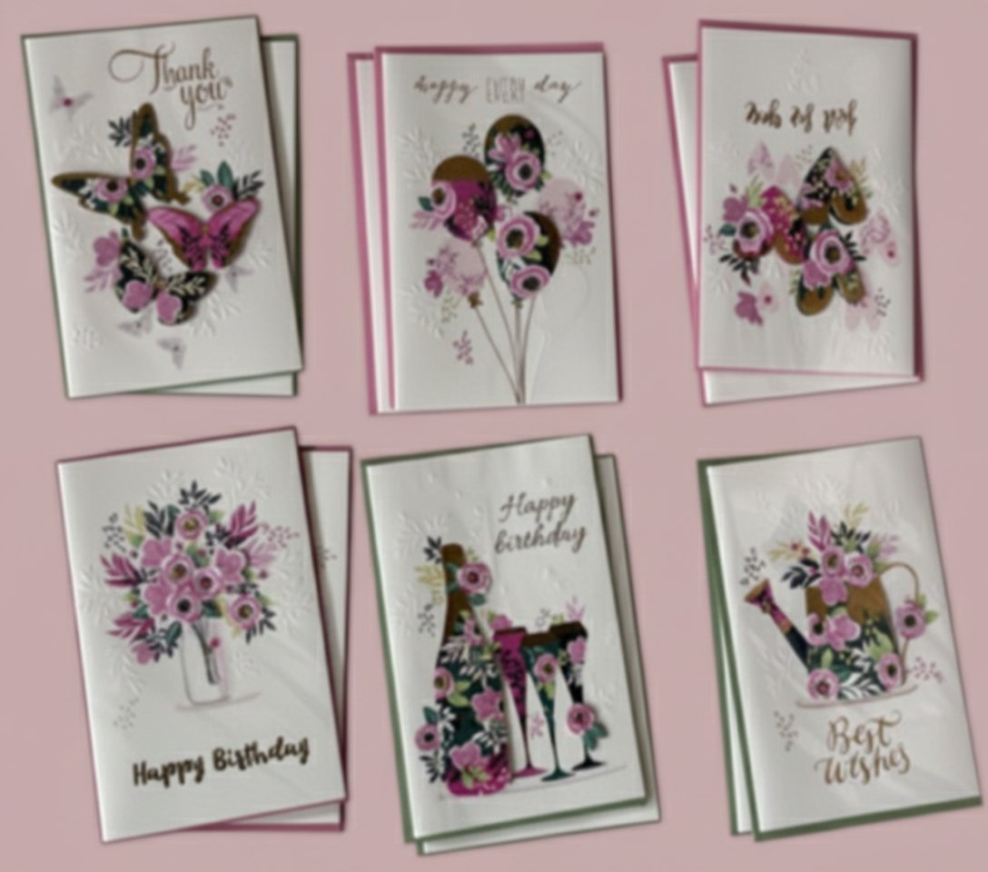 Collezione 6 biglietti auguri con fiori rosa, farfalle e scritte: Thank you, Happy Birthday, Best Wishes su sfondo bianco.