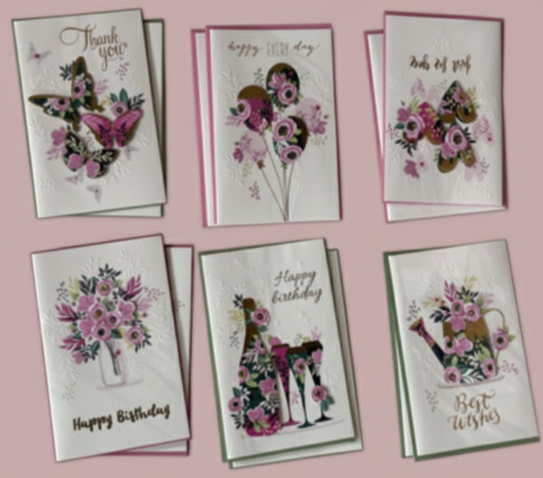 Collezione 6 biglietti auguri con fiori rosa, farfalle e scritte: Thank you, Happy Birthday, Best Wishes su sfondo bianco.