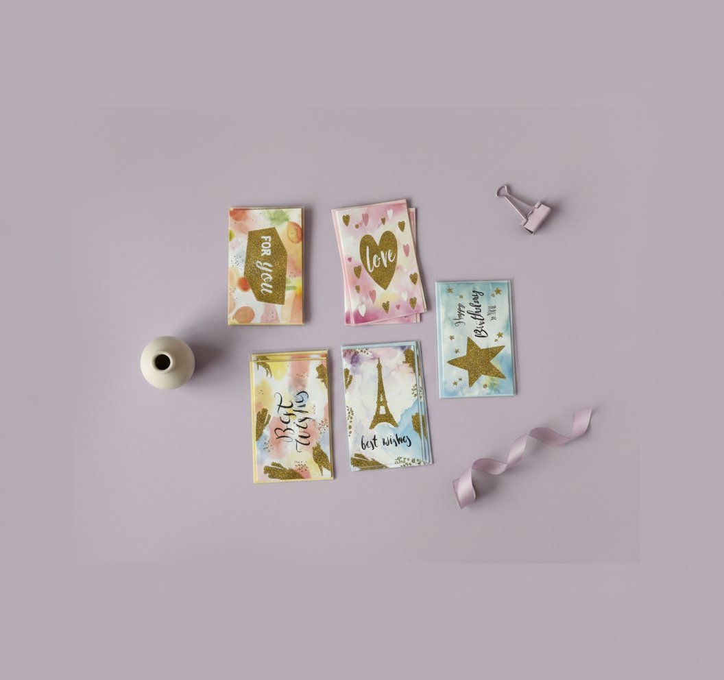 Biglietti auguri assortiti con decorazioni floreali, nastri rosa e accessori su sfondo viola chiaro