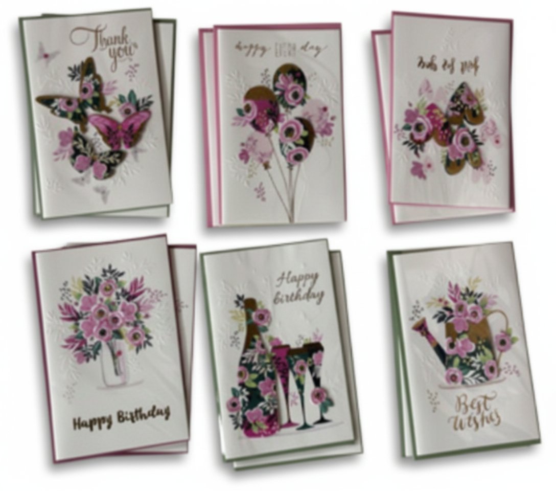 Collezione di 6 biglietti auguri con fiori rosa, farfalle e frasi: Thank you, Happy Birthday, Best Wishes, Sorry for your lo