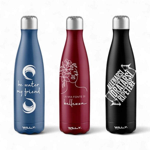Tre borracce in acciaio 500ml Willy: blu con scritta "be water my friend", bordeaux con volto floreale "La mia fonte di