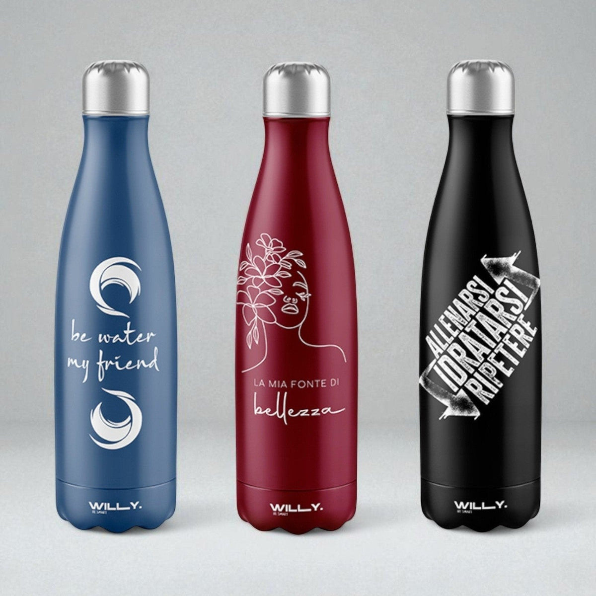 Tre borracce in acciaio inox 500ml colori blu, bordeaux e nero con design personalizzati e tappo argentato
