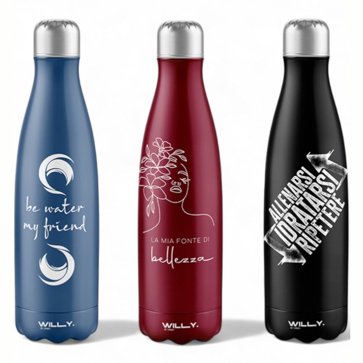 Tre borracce in acciaio da 500ml colorate: blu con scritta be water my friend, bordeaux con disegni floreali e la mia fonte
