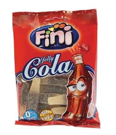 Caramelle gommose Fini Cola a forma di bottiglia, confezione rossa da 90g con mascotte cartoon