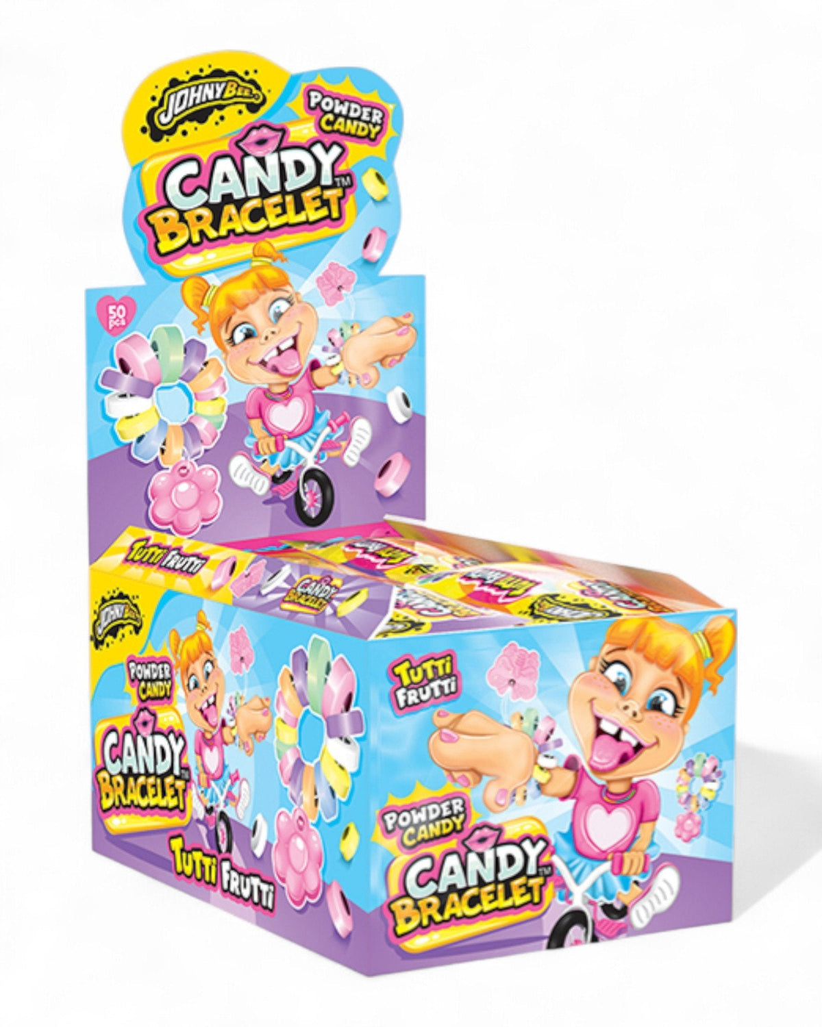 Braccialetto di caramelle polverizzate Johnny's Candy multicolore con personaggio bambina, confezione espositore da 12g