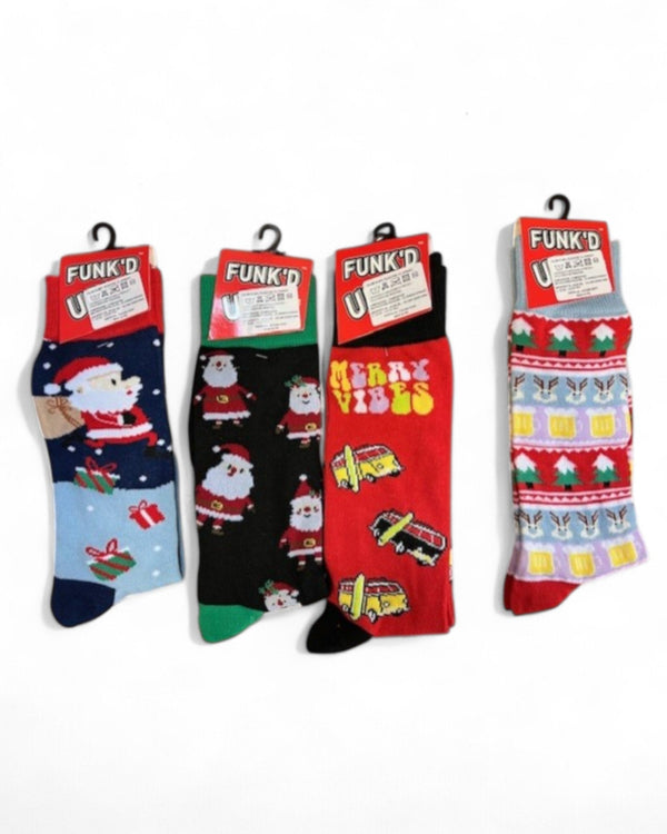 Calzini natalizi Funk'd taglie 37-44, set di 4 paia con fantasie colorate: Babbo Natale, regali, auto e decorazioni