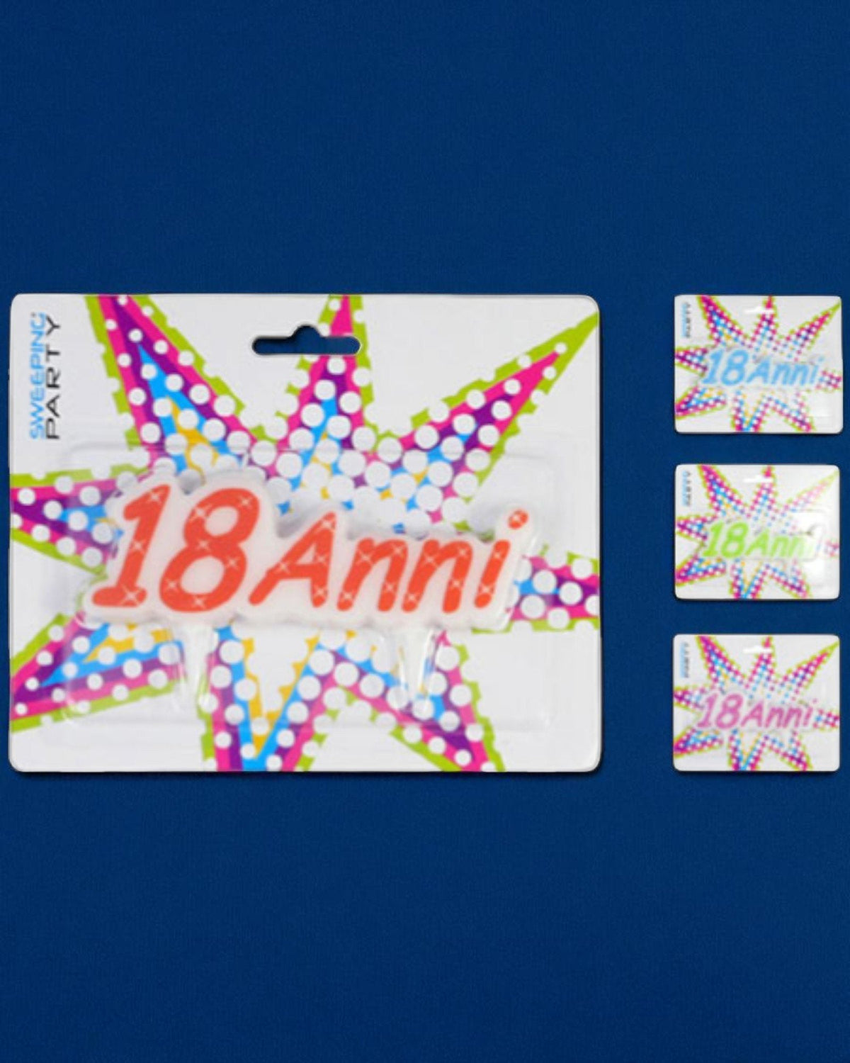 Candelina 18 anni con stella colorata multicolor, pois bianchi e scritte rosse, sfondo brillante azzurro