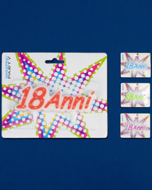 Candelina 18 anni con stella colorata multicolor, pois bianchi e scritte rosse, sfondo brillante azzurro