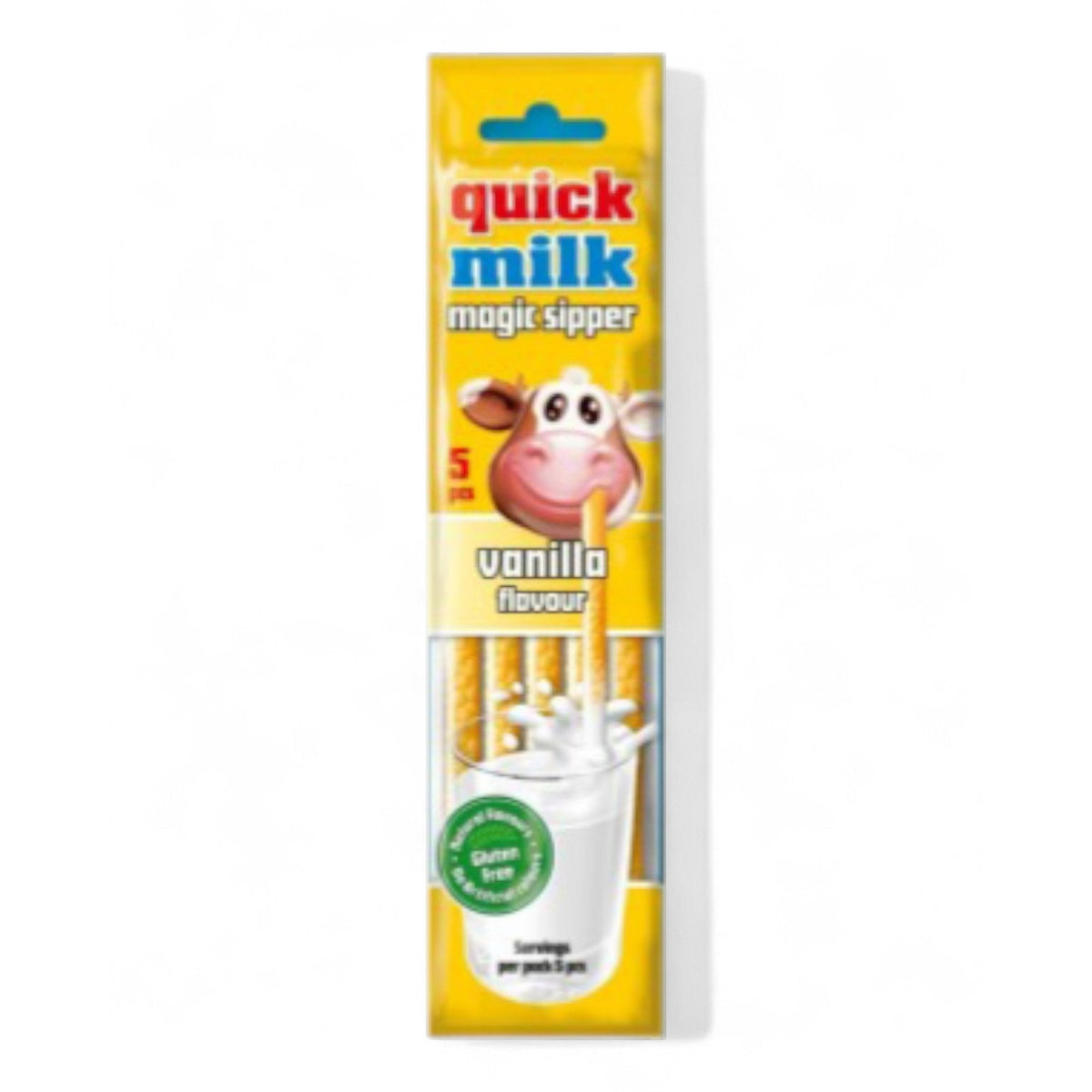 Cannucce latte Quick Milk magic sipper vaniglia 30g con cow mascotte su sfondo giallo