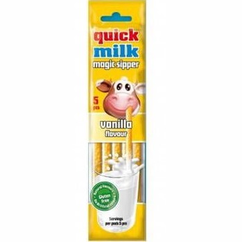 Cannucce Quick Milk magic sipper gusto vaniglia, confezione gialla con mucca simpatica e cannucce bianche e gialle da 30g