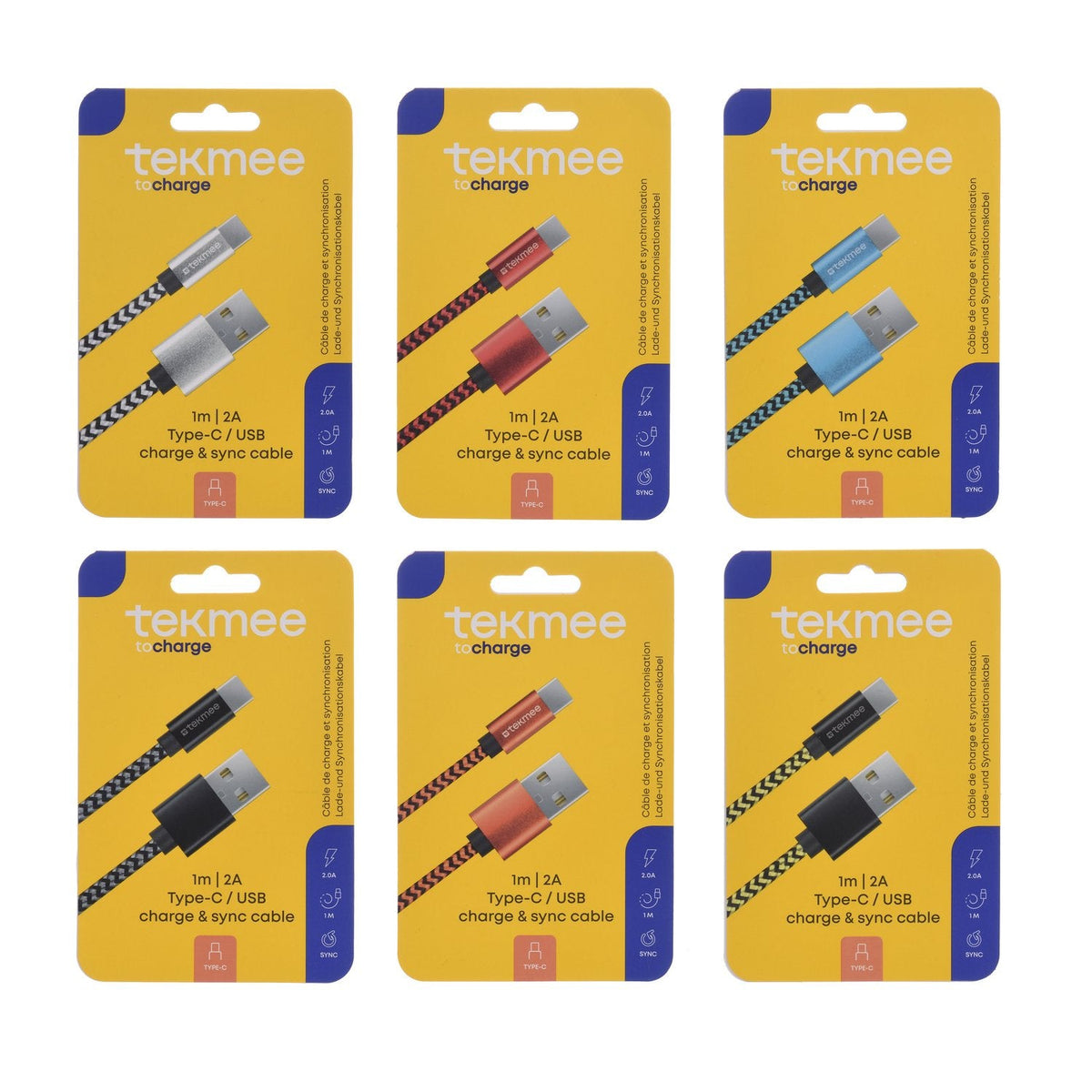 Sei cavi di ricarica Type-C da 1 metro con treccia intrecciata in colori diversi: grigio, rosso, blu, nero e rosa su sfondo g
