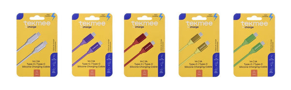 Cavi di ricarica veloce Tekmee Type-C in silicone, disponibili in 5 colori: grigio, blu, rosso, beige e verde
