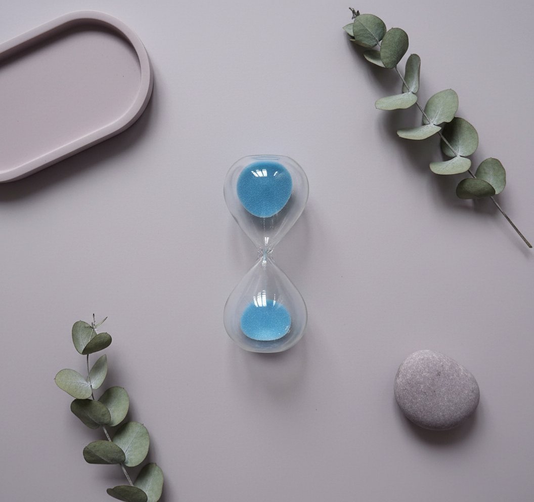 Clessidra trasparente con sabbia blu, circondata da eucalipto e accessori grigio chiaro su sfondo neutro