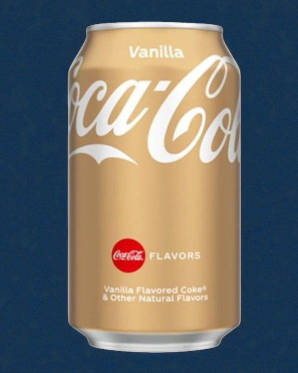 Lattina Coca Cola Vanilla 330ml oro con scritte bianche su sfondo blu