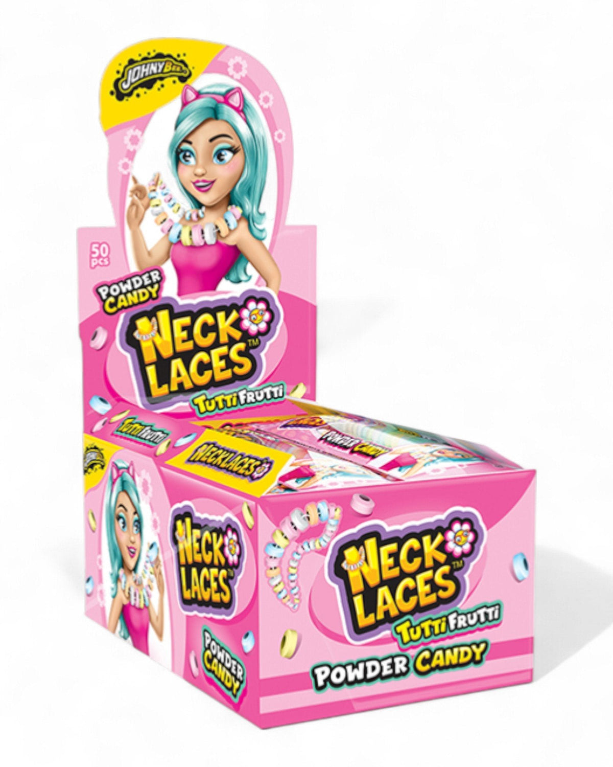 Collana caramelle Tutti Frutti rosa con ciondoli colorati, packaging Johnny Bones con bambina turquoise, 17g